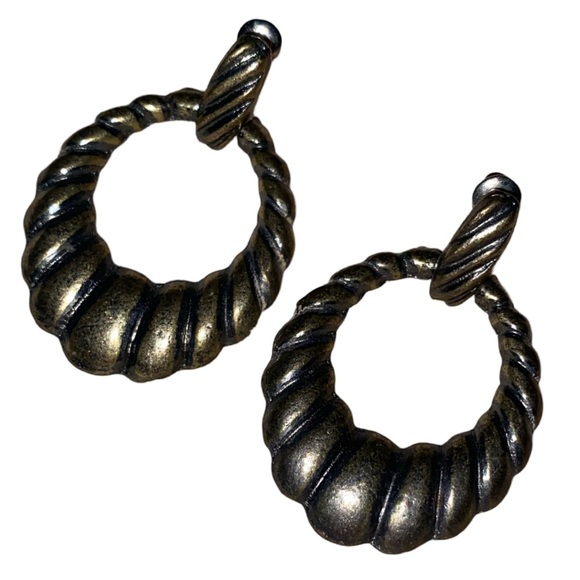 Vintage 80s Steampunk Front Hoop Earrings in Pewter - Picture 1 of 3
